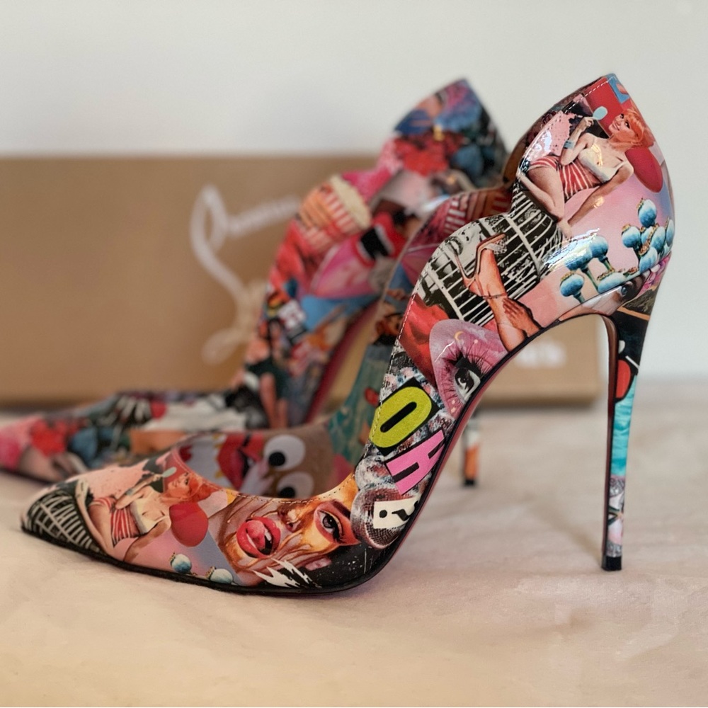 👄👠CHRISTIAN LOUBOUTIN Patent Graphic Love Hot Chick Pumps 38 Multicolor